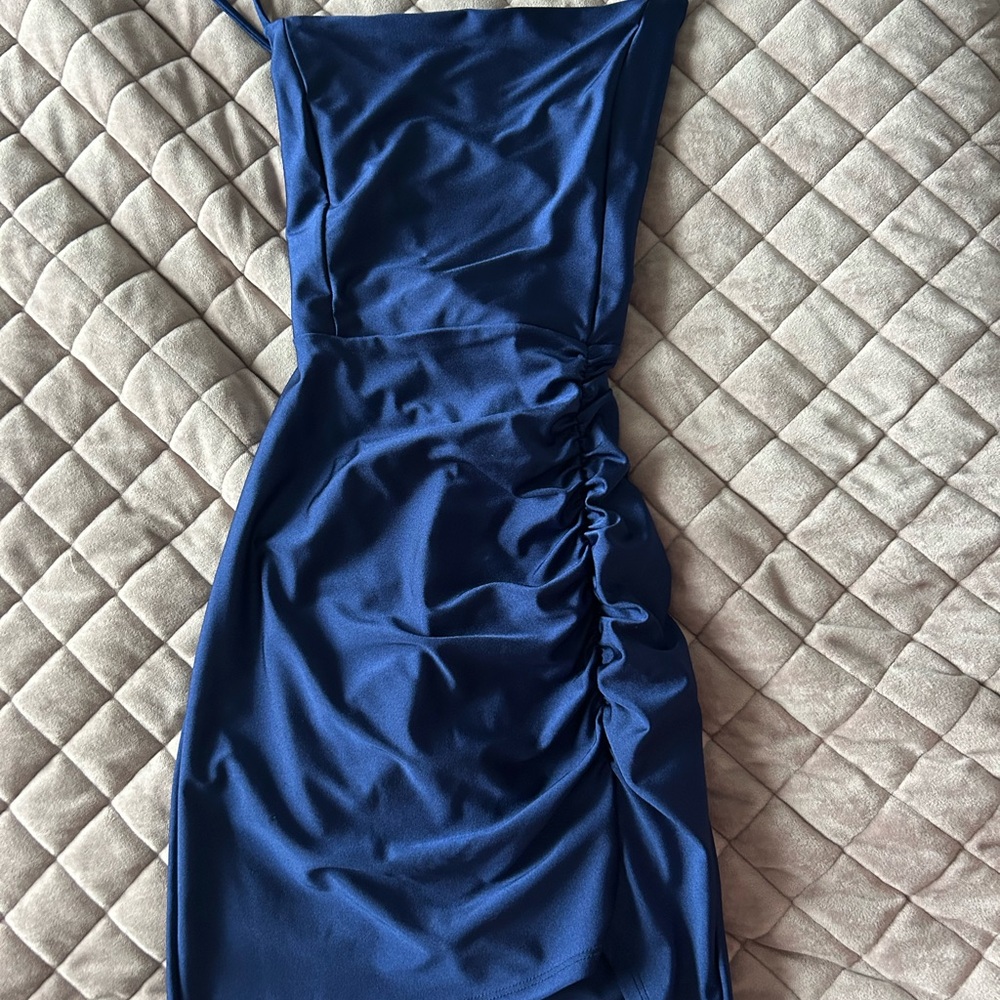 Dark Blue Satin Ruched Homecoming Dress